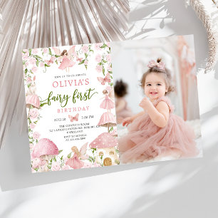 Pink Magical Forest Fairy First Birthday Photo Invitation