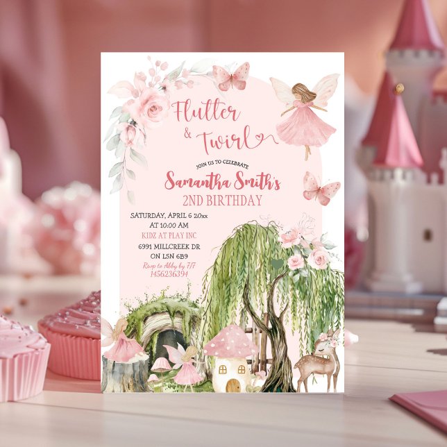 Pink Magical Forest Fairy Flutter & Twirl Birthday Invitation (Creator Uploaded)