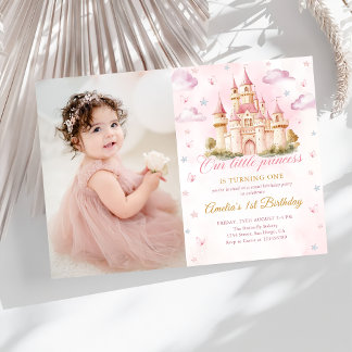 Pink Magical Princess Castle Girl Birthday Photo Invitation