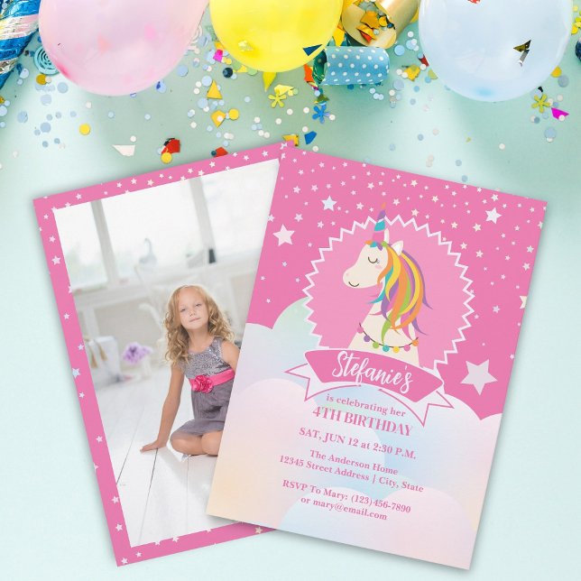 Pink Magical Rainbow Unicorn Girl Birthday Photo Invitation (Creator Uploaded)