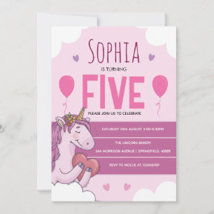 Pink Magical Unicorn 5th Birthday Party  Invitation