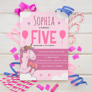 Pink Magical Unicorn 5th Birthday Party Postcard