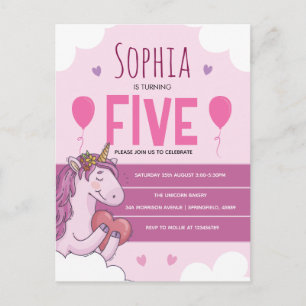 Pink Magical Unicorn 5th Birthday Party  Postcard