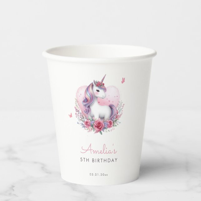 Pink Magical Unicorn Floral Birthday Party Paper Cups (Front)