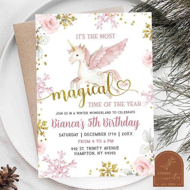 Pink Magical Unicorn Floral Winter Birthday Girl I Invitation (Creator Uploaded)