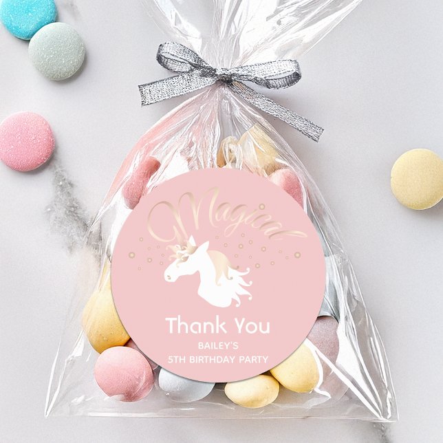 Pink Magical Unicorn Girl Kids Birthday Party Classic Round Sticker (Creator Uploaded)