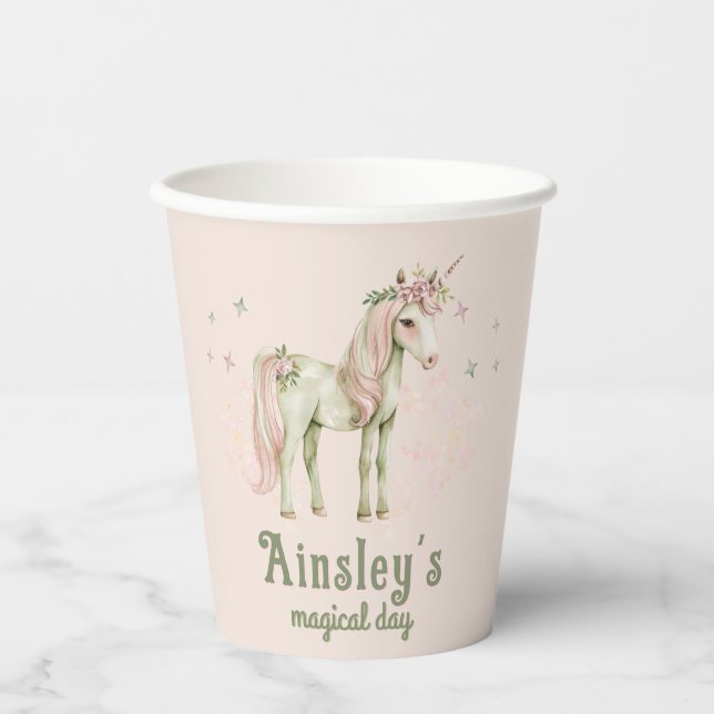 Pink Magical Unicorn Personalised Birthday Paper Cups (Front)