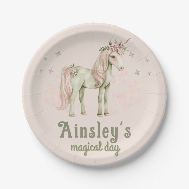 Pink Magical Unicorn Personalised Birthday Paper Plate (Front)