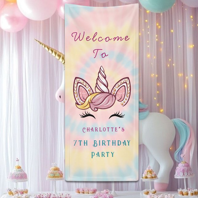 Pink Magical unicorn tie dye gold glitter birthday Banner (Creator Uploaded)