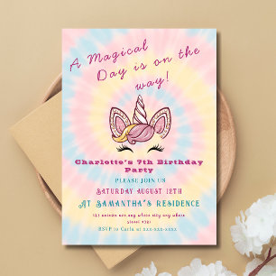 Pink Magical unicorn tie dye gold glitter birthday Invitation