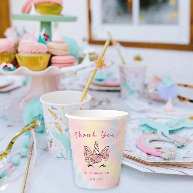 Pink Magical unicorn tie dye gold glitter birthday Paper Cups (Creator Uploaded)