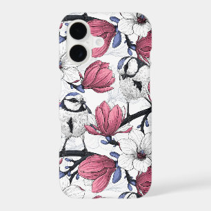 Pink magnolia and blue tit birds