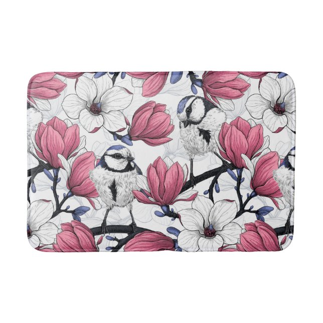 Pink magnolia and blue tit birds bath mat (Front)