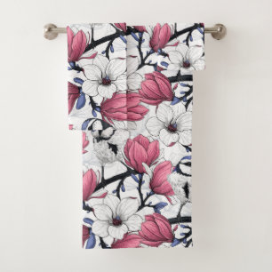 Pink magnolia and blue tit birds bath towel set