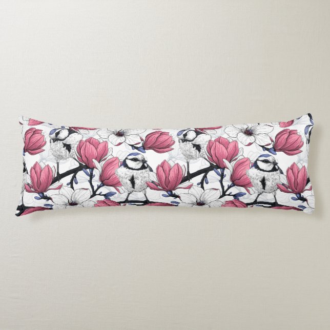 Pink magnolia and blue tit birds body cushion (Front)