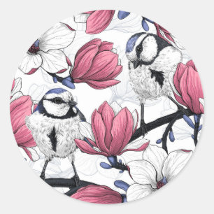 Pink magnolia and blue tit birds classic round sticker