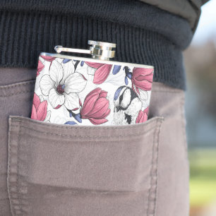 Pink magnolia and blue tit birds hip flask
