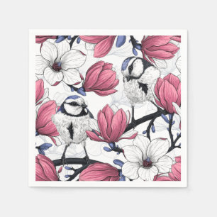 Pink magnolia and blue tit birds napkin