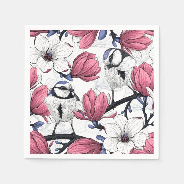 Pink magnolia and blue tit birds napkin (Front)