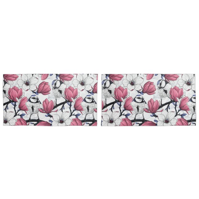 Pink magnolia and blue tit birds pillowcase (Front-Set)