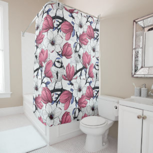 Pink magnolia and blue tit birds shower curtain