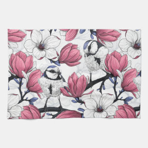 Pink magnolia and blue tit birds tea towel