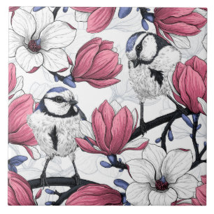 Pink magnolia and blue tit birds tile