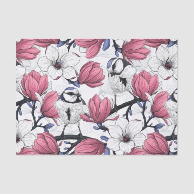 Pink magnolia and blue tit birds tissue paper (Front)