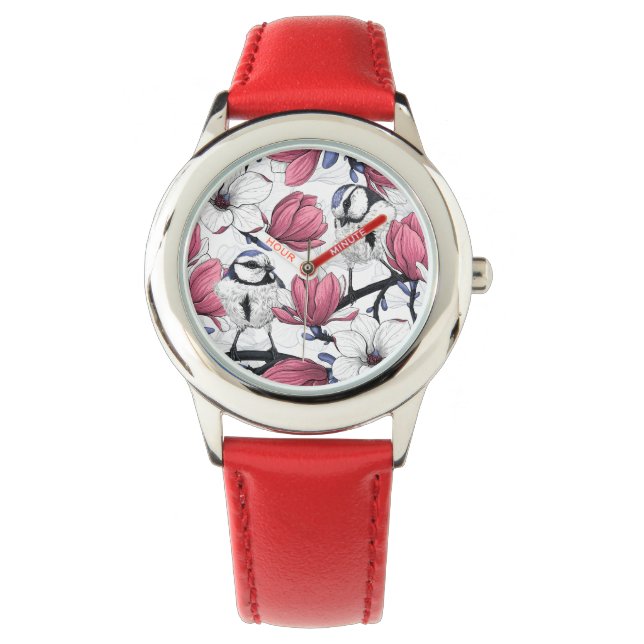 Pink magnolia and blue tit birds watch (Front)
