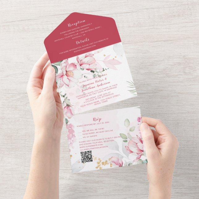 Pink Magnolia Blossom  All In One Invitation (Tearaway)