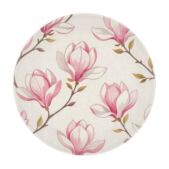 Pink Magnolia Blossom Pattern Cutting Board (Front)