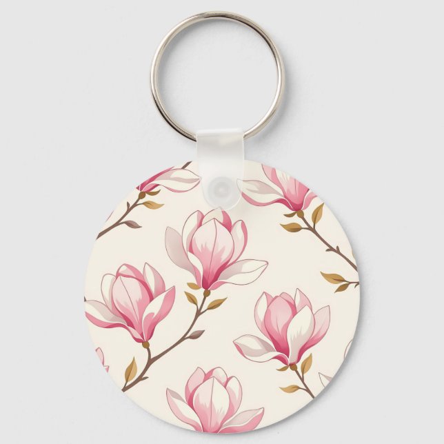 Pink Magnolia Blossom Pattern Key Ring (Front)