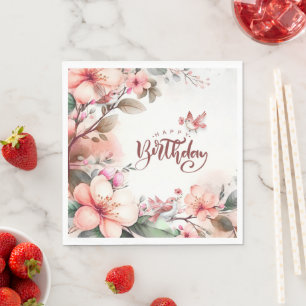 Pink Magnolia Blossoms and Birds Happy Birthday Napkin