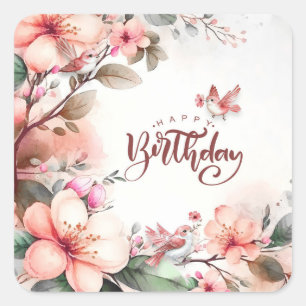 Pink Magnolia Blossoms and Birds Happy Birthday Square Sticker
