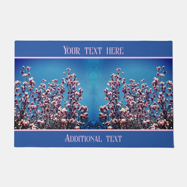 Pink Magnolia Blossoms Blue Sky Personalised Doormat (Front)