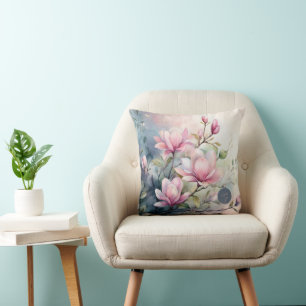 Pink Magnolia Blossoms Botanical Monogrammed Cushion