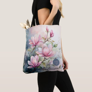 Pink Magnolia Blossoms Botanical Monogrammed Tote Bag
