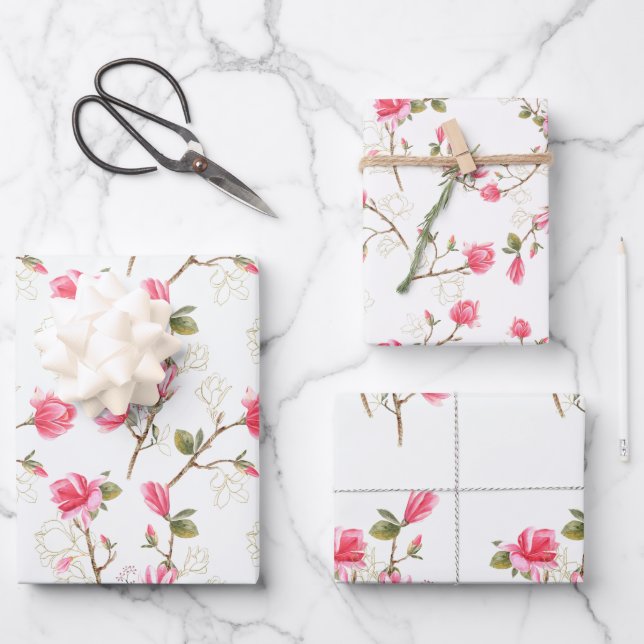 Pink Magnolia Blossoms Spring Bridal Shower  Wrapping Paper Sheet (Front)