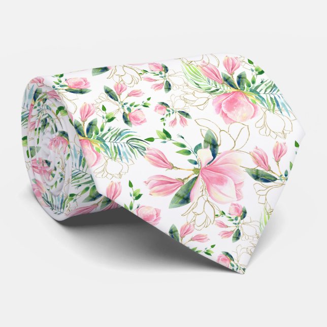 Pink Magnolia Blossoms with Gold Filigree Designs Tie (Rolled)