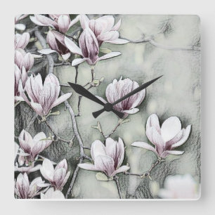 Pink magnolia branch drawing grey black backgound  square wall clock