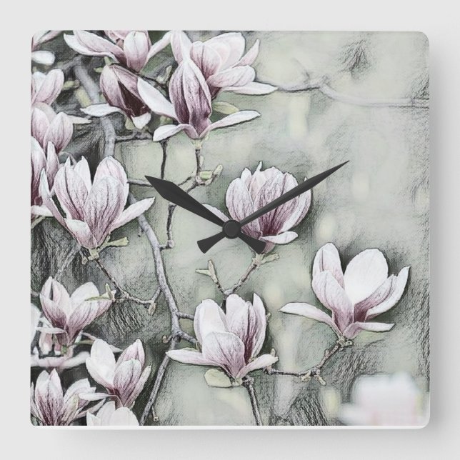 Pink magnolia branch drawing grey black backgound  square wall clock (Front)