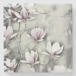 Pink magnolia branch drawing grey black backgound stone coaster