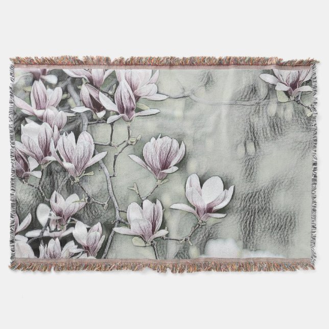 Pink magnolia branch drawing grey black backgound throw blanket (Front)