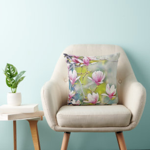 Pink magnolia branch watercolor blue backgound  cushion