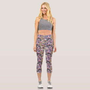 Pink magnolia branch watercolor purple background capri leggings