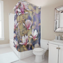 Pink magnolia branch watercolor purple background