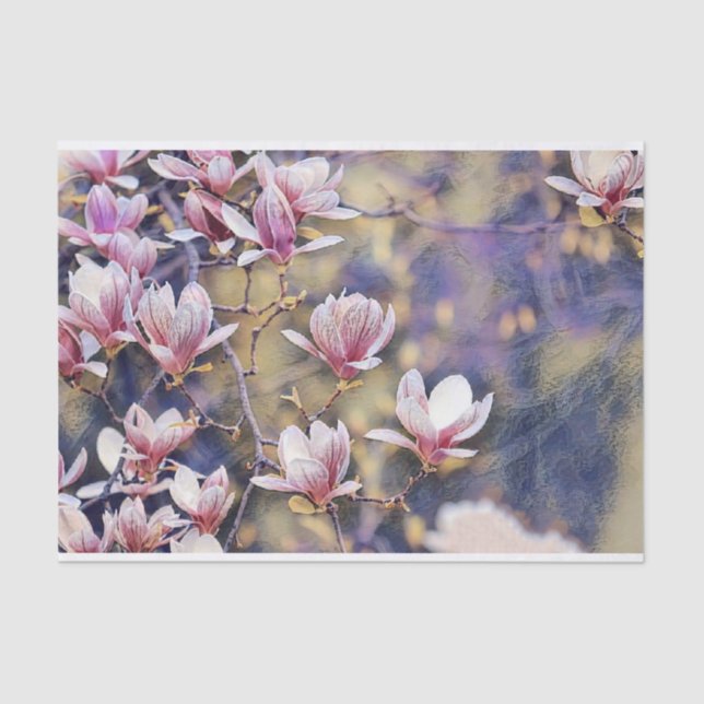 Pink magnolia branch watercolor purple background tissue paper (Front)