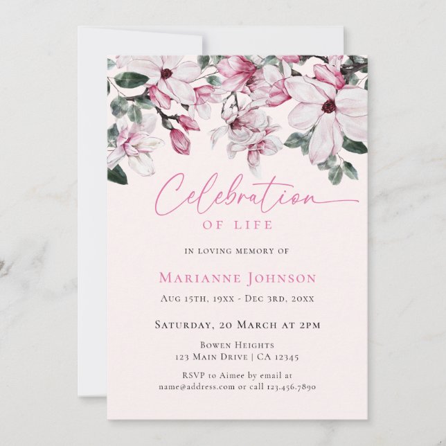 Pink Magnolia Celebration of Life Floral Funeral Invitation (Front)