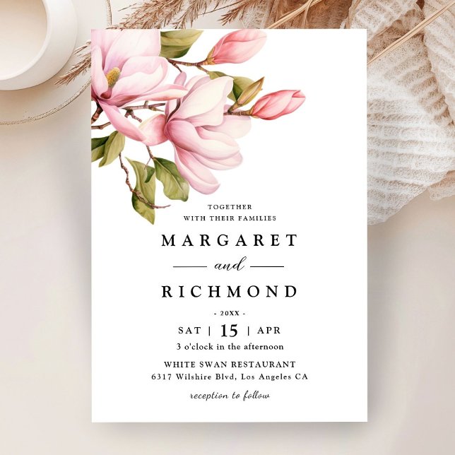 Pink Magnolia Elegant Watercolor Floral Wedding Invitation (Creator Uploaded)