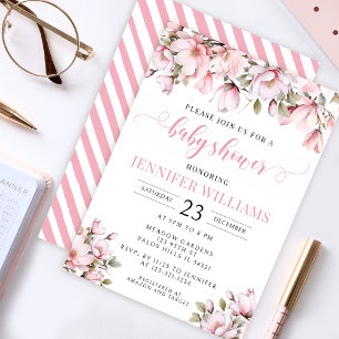 Pink magnolia floral baby girl shower invitation